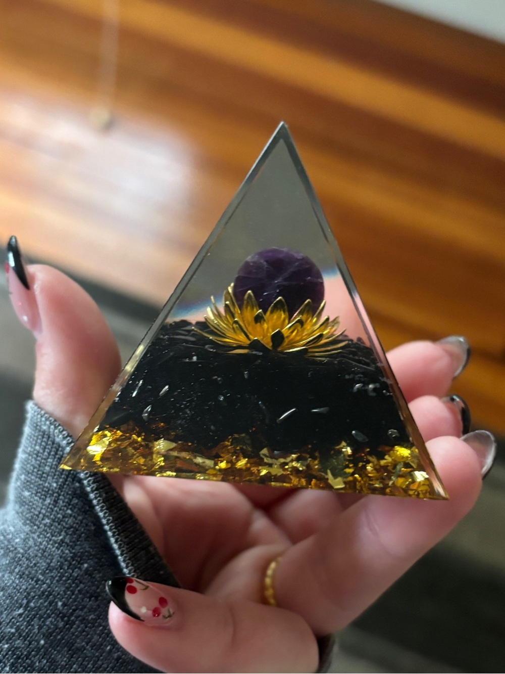 Resin Pyramid with Purple Crystal and Gold Lotus